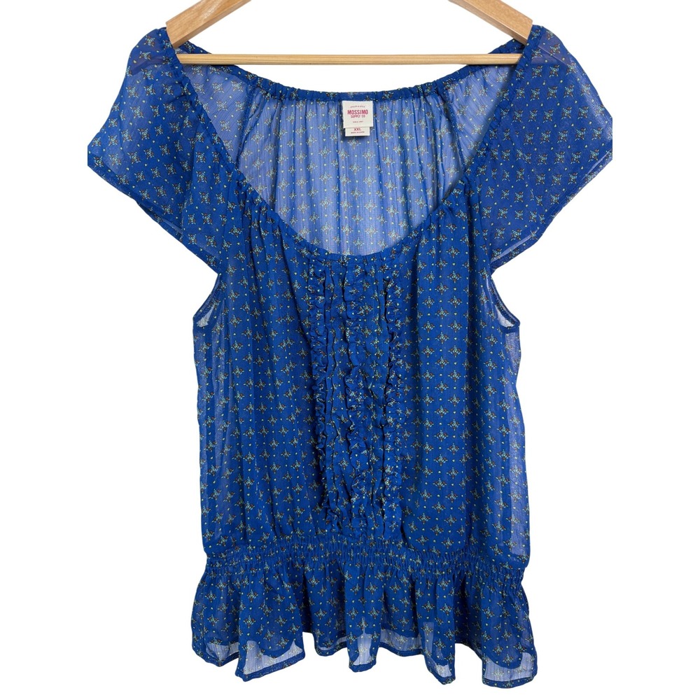 Mossimo Supply Co Sheer Boho Floral Print Top Women's XXL Blue Ruffle‎ Hem